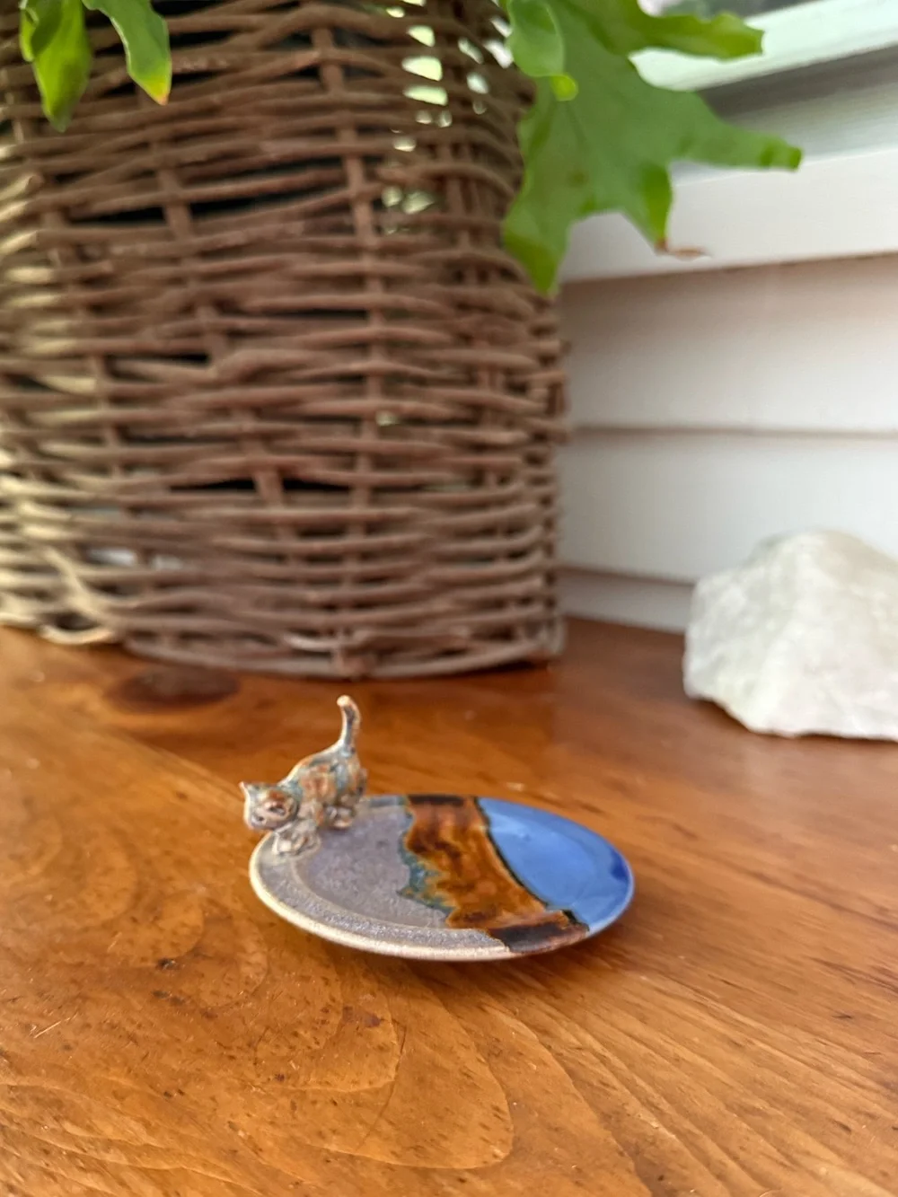 Handmade Pottery Cat Blue Trinket Ring Dish